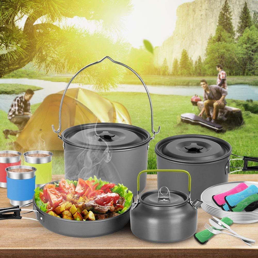 Odoland Camping Geschirr Set, Kochgeschirr für Outdoor Kochen für Camping, Rucksacktourismus, Kochen