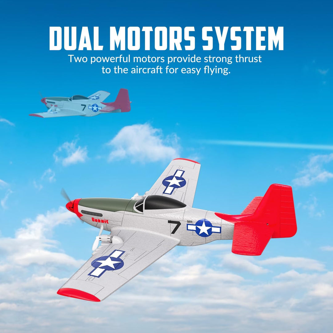 volantexrc RC Flugzeug P51D Mustang, 2CH 2,4GHz ferngesteuertes Flugzeug mit 2 Batterien und 6-Achse