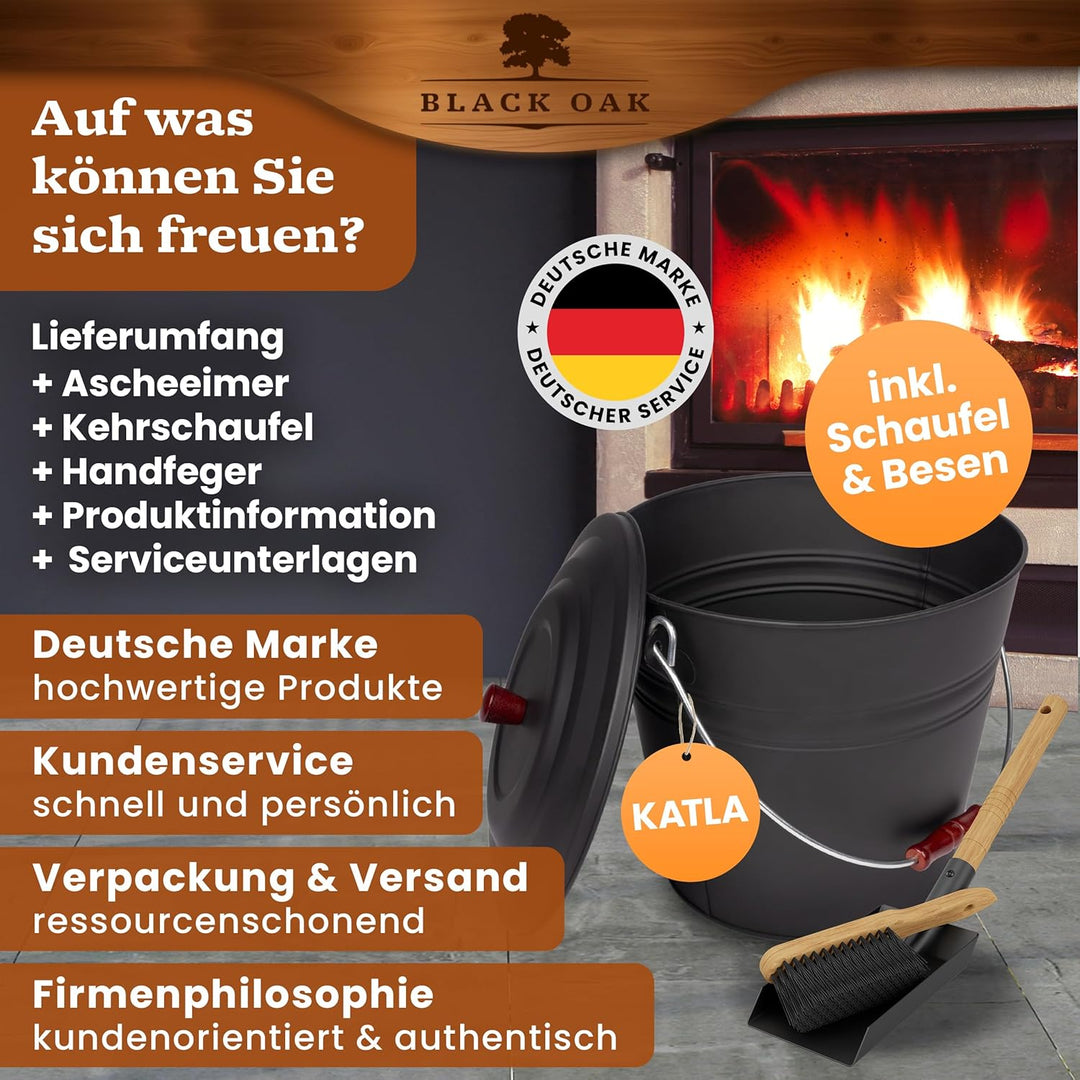 BLACK OAK Ascheeimer Katla 15L – Set Schaufel & Besen schwarz rund mit Deckel gross 15 Liter Stahl f