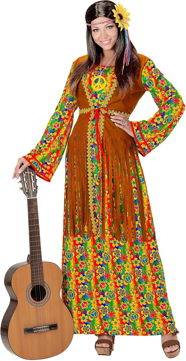 "HIPPIE WOMAN" (dress with vest, peace sign necklace) - (L), L
