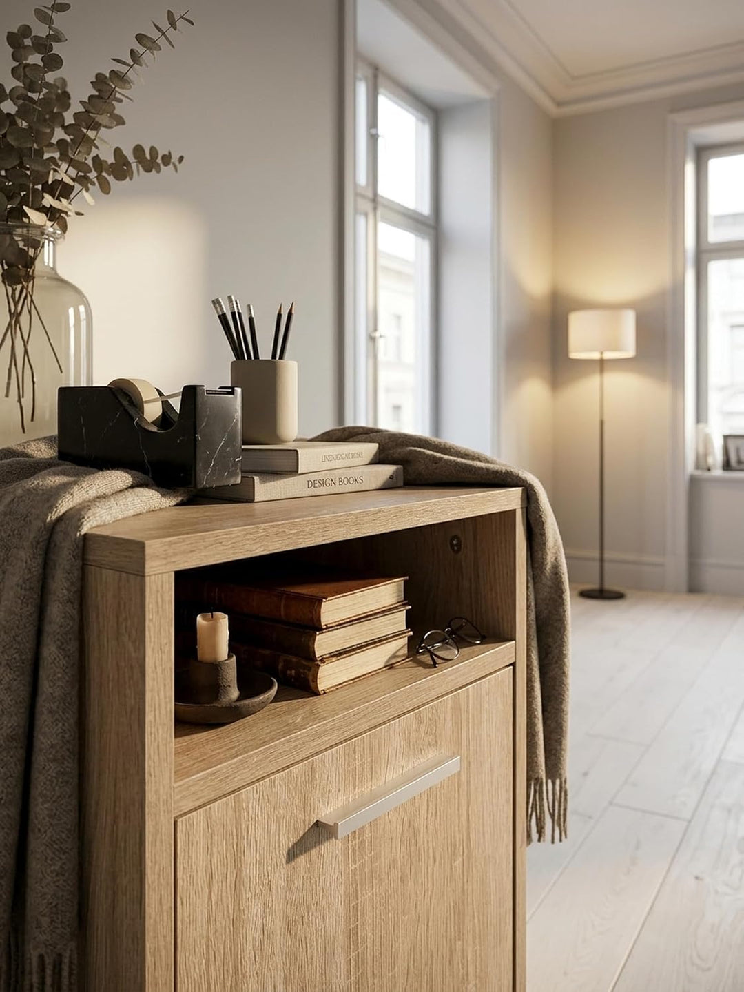 KADIMA DESIGN Rollcontainer OSSOLA: Weiss/Sonoma, 2 Türfächer, Ablagefach, Rollen mit Bremsen, Melam