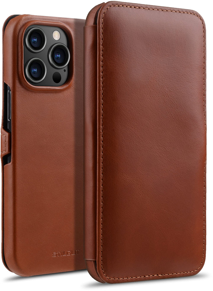 STILGUT Book Case kompatibel mit iPhone 14 Pro Max (6.7“) Hülle aus Leder mit Clip-Verschluss, Klapp