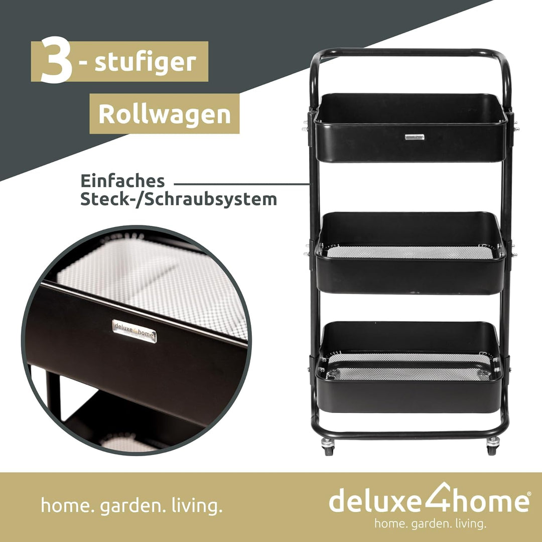 holz4home deluxe4home® Rollwagen mit 3 Ebenen I Servierwagen Küchenwagen mit Griff I Rollen mit Brem