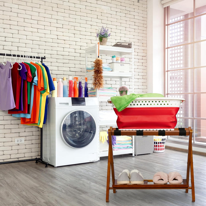 Relaxdays Kofferständer klappbar, 2er Set, Holz, H x B x T: 54 x 66 x 45 cm, 2 Ablagen, Kofferaufbew