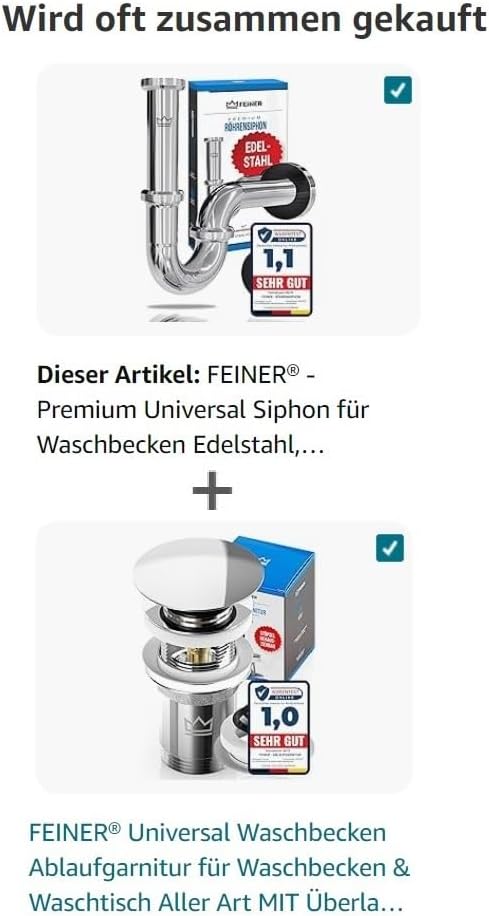 FEINER® - Premium Universal Siphon für Waschbecken Edelstahl, Abflussrohr Tauchrohr 2-12cm höhenvers