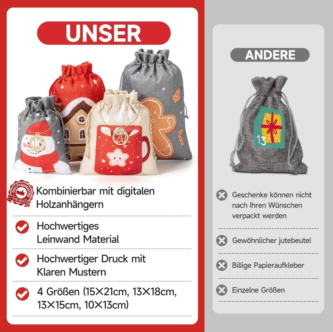 3 Grössen Adventskalender zum Befüllen, Adventskalender Selbst Befüllen Gross, Stoff Weihnachtskalen
