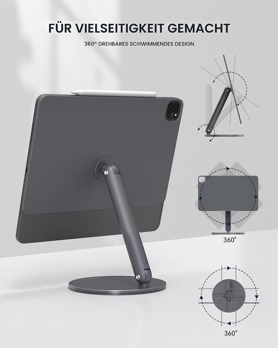 LULULOOK Drehbar Magnetisch iPad Ständer, Faltbar iPad Pro Ständer mit 360° Schwenk Basis, Aluminium