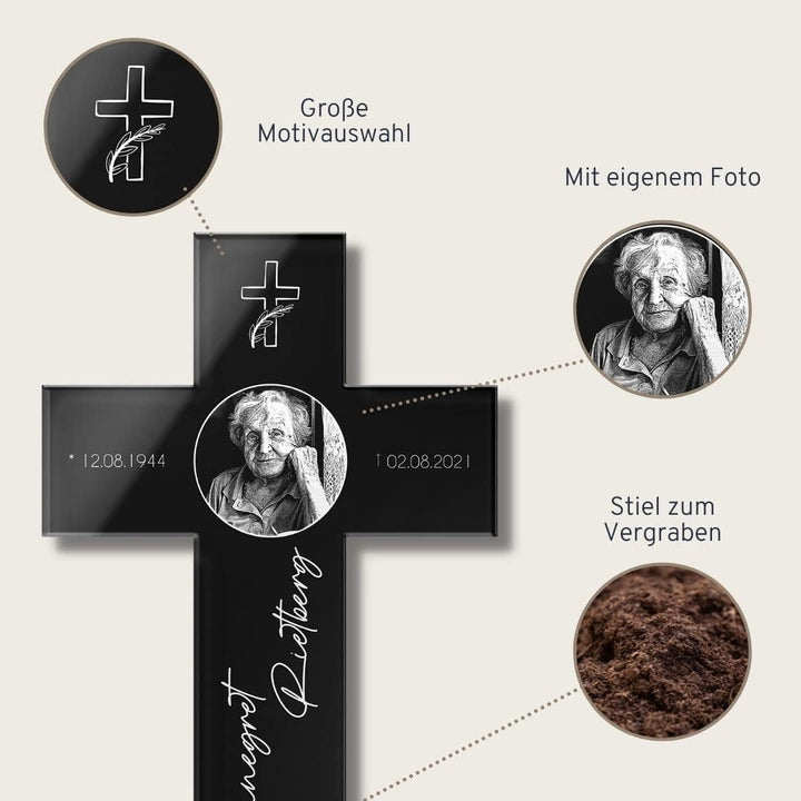 Personalisiertes Grabkreuz mit Gravur aus Hochglanz Acrylglas - Grabstecker Kreuz als wetterfester G