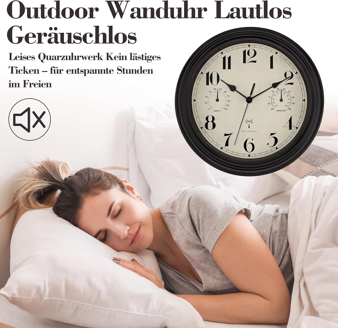 Foxtop Funk Wanduhr, Innen Draussen Wetterfeste Wanduhr mit Temperaturanzeige und Hygrometer, Ohne T