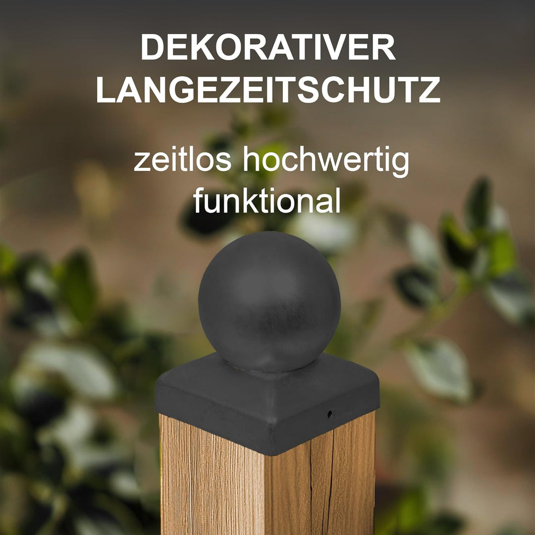 Pfostenkappe Kugel | Stahl Schwarz pulverbeschichtet | 91 x 91 mm | 10 Stück | Abdeckkappe für Garte