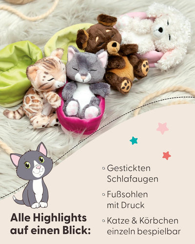 NICI Kuscheltier Katze grau 12cm schlafend im Körbchen, Katze Grau