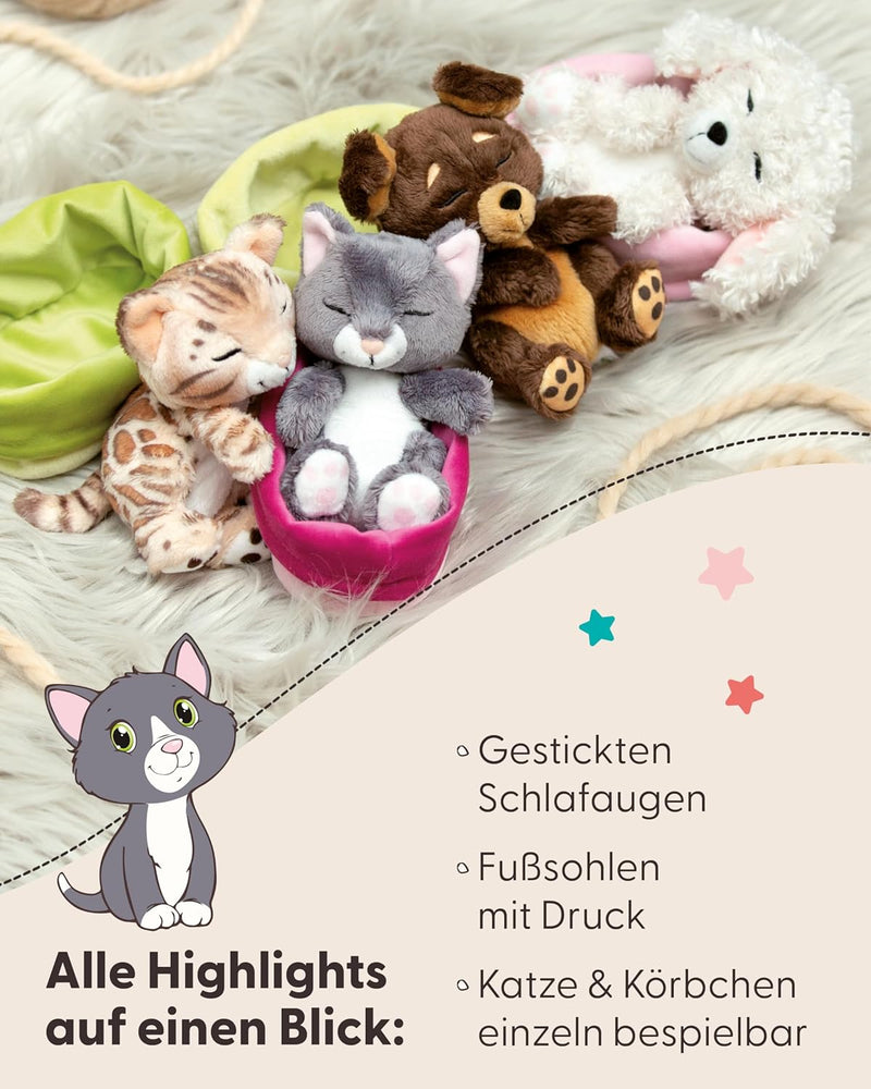 NICI Kuscheltier Katze grau 12cm schlafend im Körbchen, Katze Grau