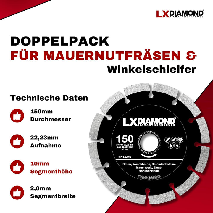 Diamant-Trennscheibe 2x 150mm x 22,23mm - für Winkelschleifer Mauernutfräse Schlitzfräse - Diamantsc