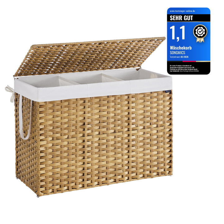 SONGMICS Wäschekorb 3 Fächern, Wäschesammler 200 L, Wäschebox aus synthetischem Rattan, mit Deckel u