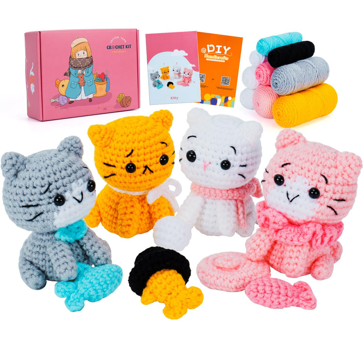Fortuning's JDS 4 Stück Katze Häkelset für Anfänger Häkeln Tier Kit Komplett Katzen Häkeln mit Garn