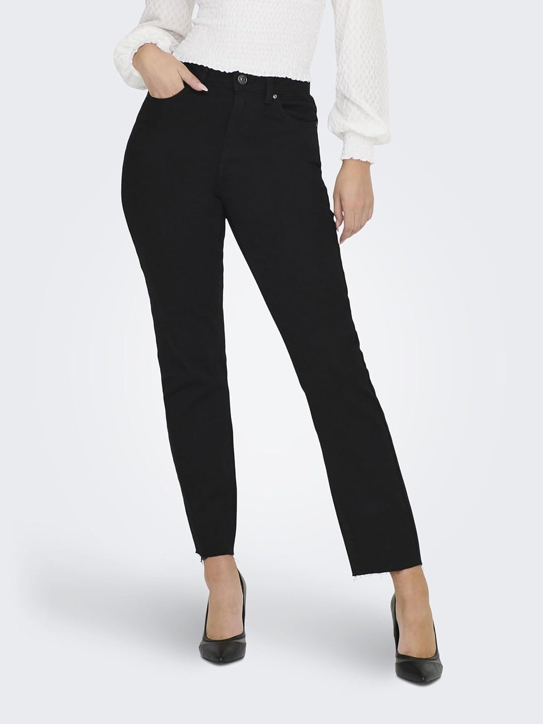 ONLY Damen ONLEMILY HW STR CRP ANK RAW MAE034 15219264 XS Black Denim, XS Black Denim