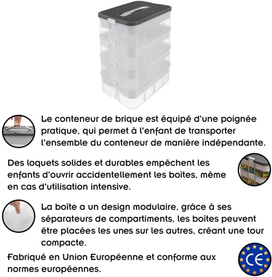 KRUZZEL Bausteine Aufbewahrungsbox 29L mit Griff & Trennwänden – 4 Etagen Stapelbox Transparent für