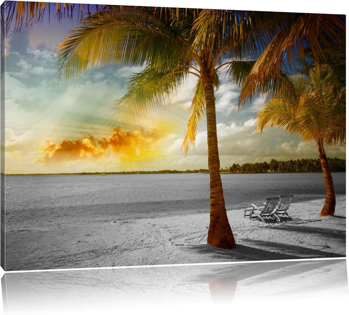 Liegestühle am Strand mit Palmen schwarz/weiss Format: 100x70 auf Leinwand, XXL riesige Bilder ferti