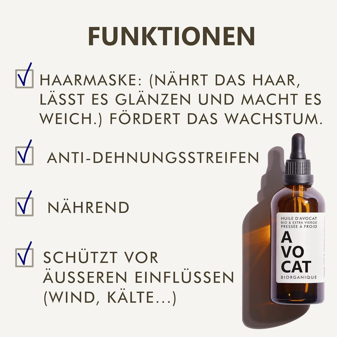 Avocadoöl Bio für Haut & Haar - 100 ml - 100% Bio, Rein, Natürlich & Kaltgepresst - in Amber Glas-Fl
