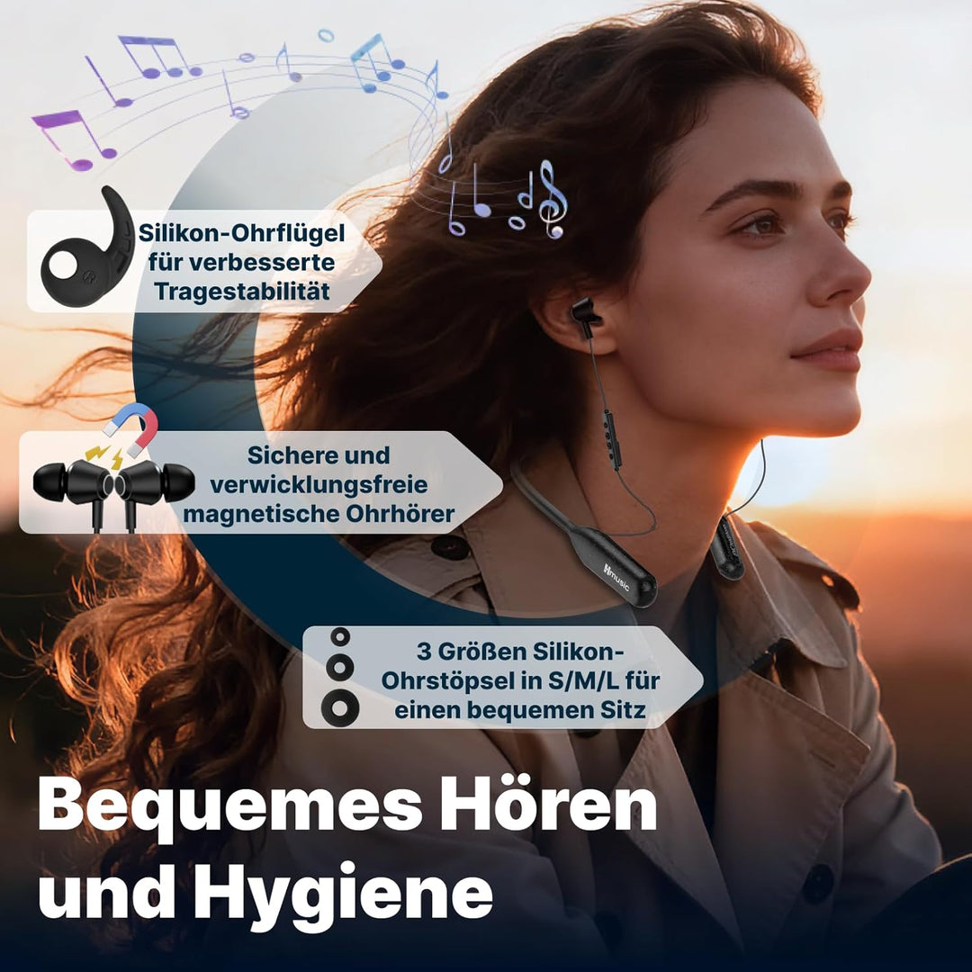 Hmusic H25 Bluetooth 5.4 Kopfhörer Nackenband, 200 Std Akku, IPX5 Wasserdicht, Magnetischer Im-Ohr O