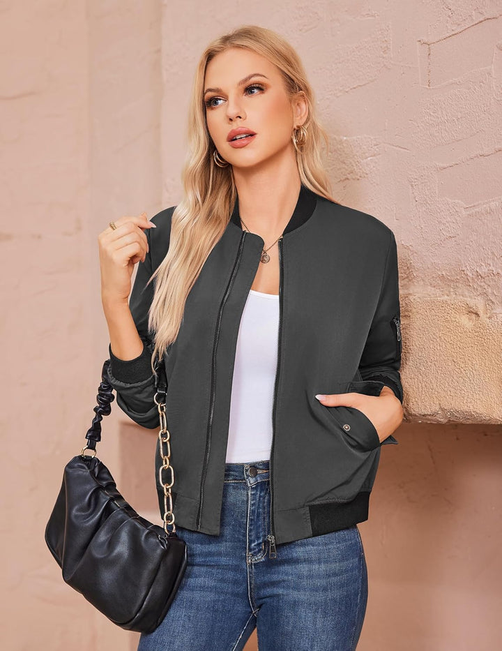 Zeagoo Bomberjacke Damen Kurz Blouson Jacket leichte Fliegerjacke Langarm Casual Frühling Pilotenjac