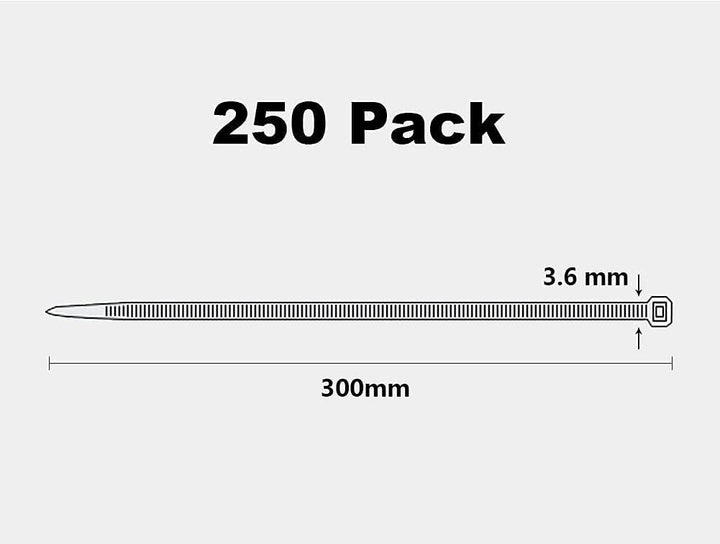 Kabelbinder Schwarz 300mm × 3,6mm Nylon 250 Stück UV Beständig Kunststoff Schwarze Kabelbinder Zugfe