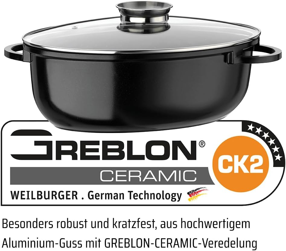 GSW 410588 Gourmet Ceramica Induktion Bräter XXL oval mit Aroma-Glasdeckel 10 L, Aluguss, schwarz ge