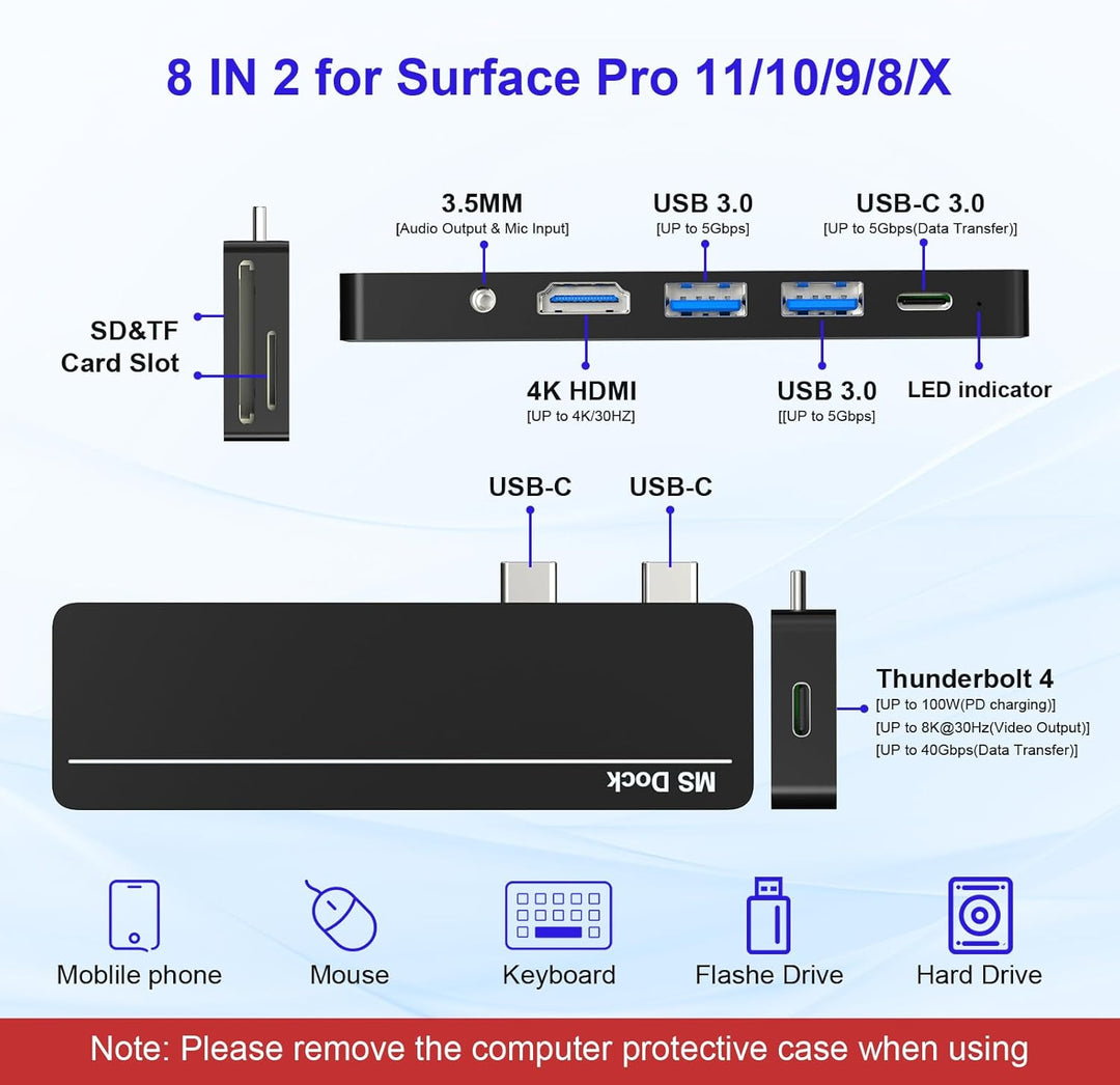 Surface Pro 8/9/10/11/X Docking Station Hub - Surface Pro 9 Adapter mit 4K HDMI, Thunderbolt 4 (8K@3