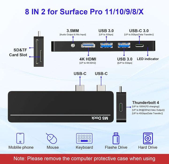 Surface Pro 8/9/10/11/X Docking Station Hub - Surface Pro 9 Adapter mit 4K HDMI, Thunderbolt 4 (8K@3