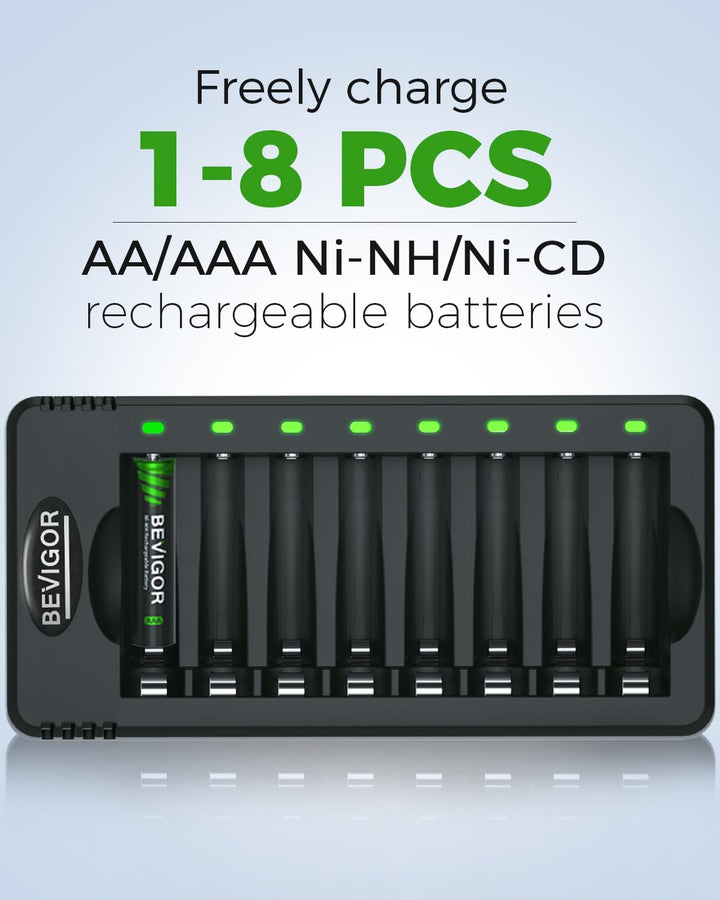 Bevigor AA NI-MH-Akku, 8 Stück AA wiederaufladbare Batterien mit 8-Positionen-Ladegerät für schnell