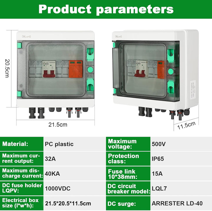 DEWIN 2 Saiten Solar PV Combiner Box, 2 String 500V 32A Solar PV Anschlusskasten Box 2 in 1 aus Wass
