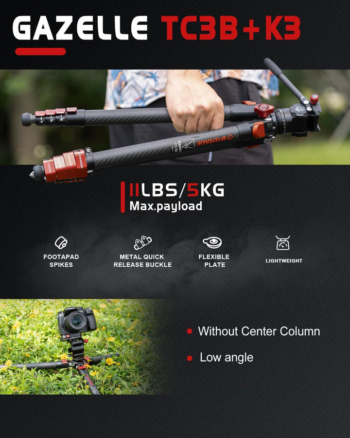 IFOOTAGE Gazelle TC3B+K3,55/140cm Kamera Stativ TC3B aus Kohlefaser mit K3 Mini Kugelkopf, Schnallen