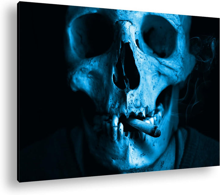 deyoli rauchender Schädel Format 80x60 Effekt: Monocrome Blau als Leinwandbild, Motiv fertig gerahmt
