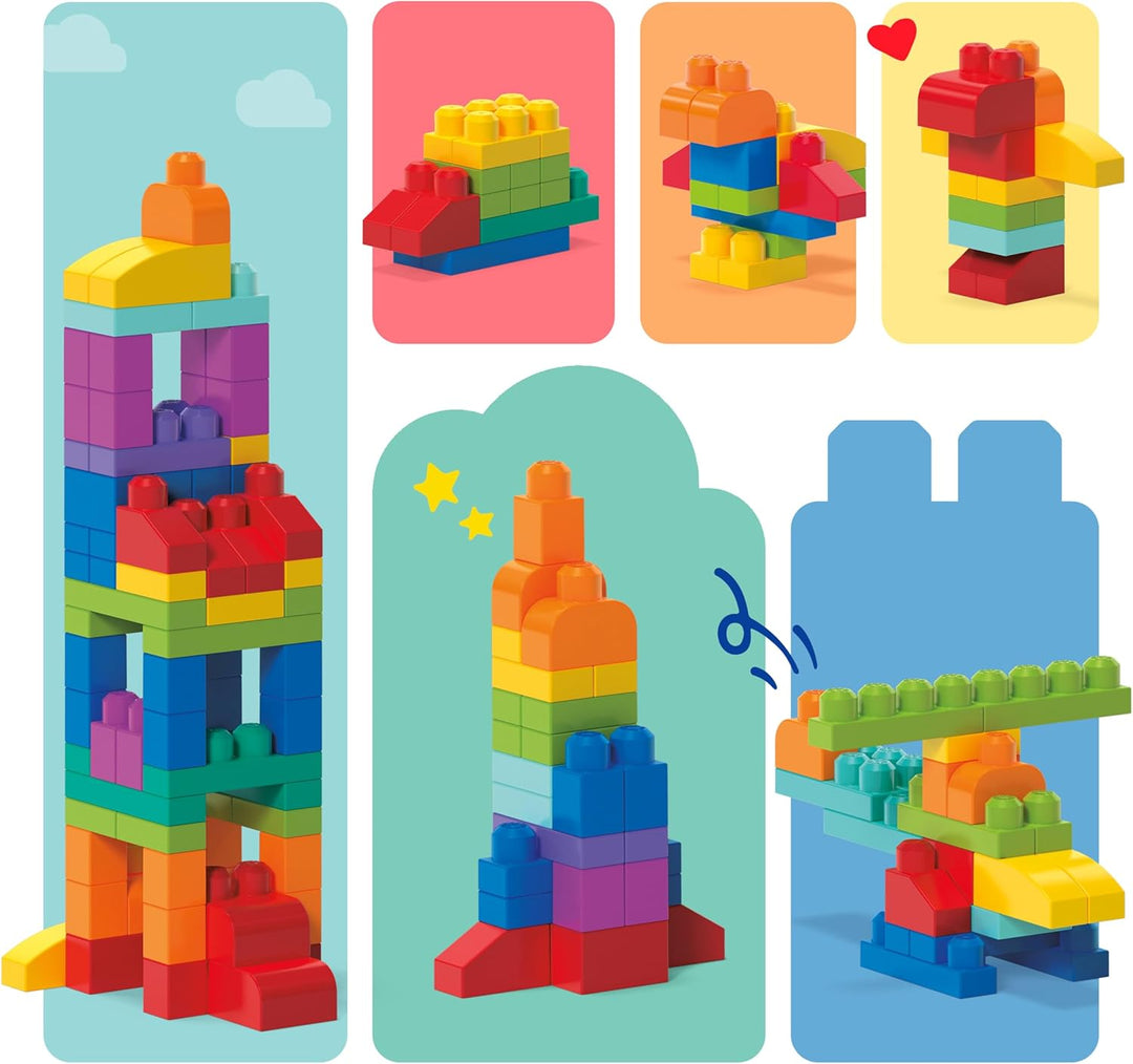 MEGA BLOKS Fisher-Price Bausteine für Kleinkinder, grosser Bausteinebeutel mit 80 Teilen und Aufbewa