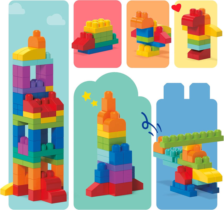 MEGA BLOKS Fisher-Price Bausteine für Kleinkinder, grosser Bausteinebeutel mit 80 Teilen und Aufbewa
