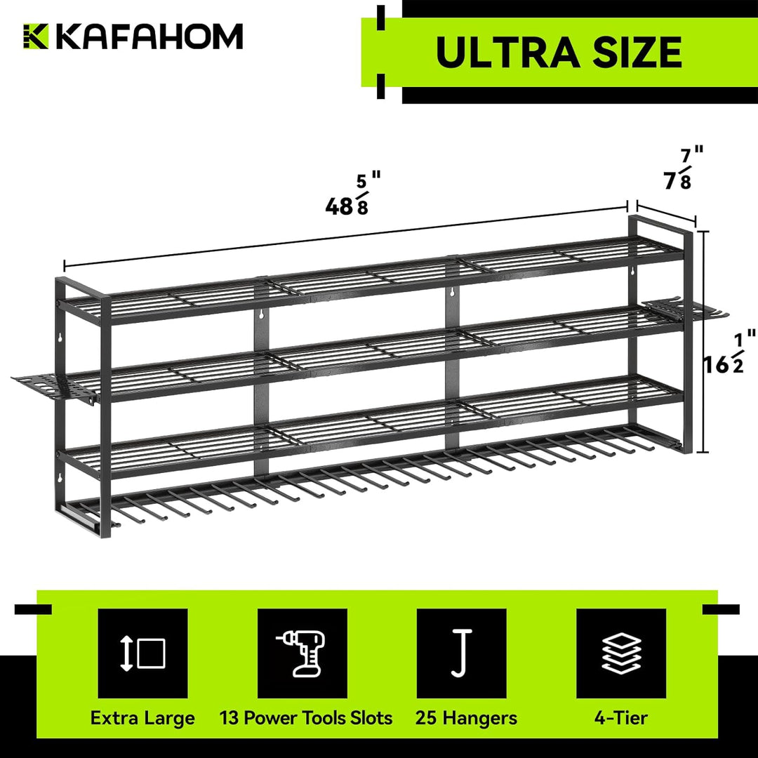 KAFAHOM Grosse Werkzeug-Wandhalterung mit 13 Bohrerschächten für die Garage – 4-etagiges Organizer-R