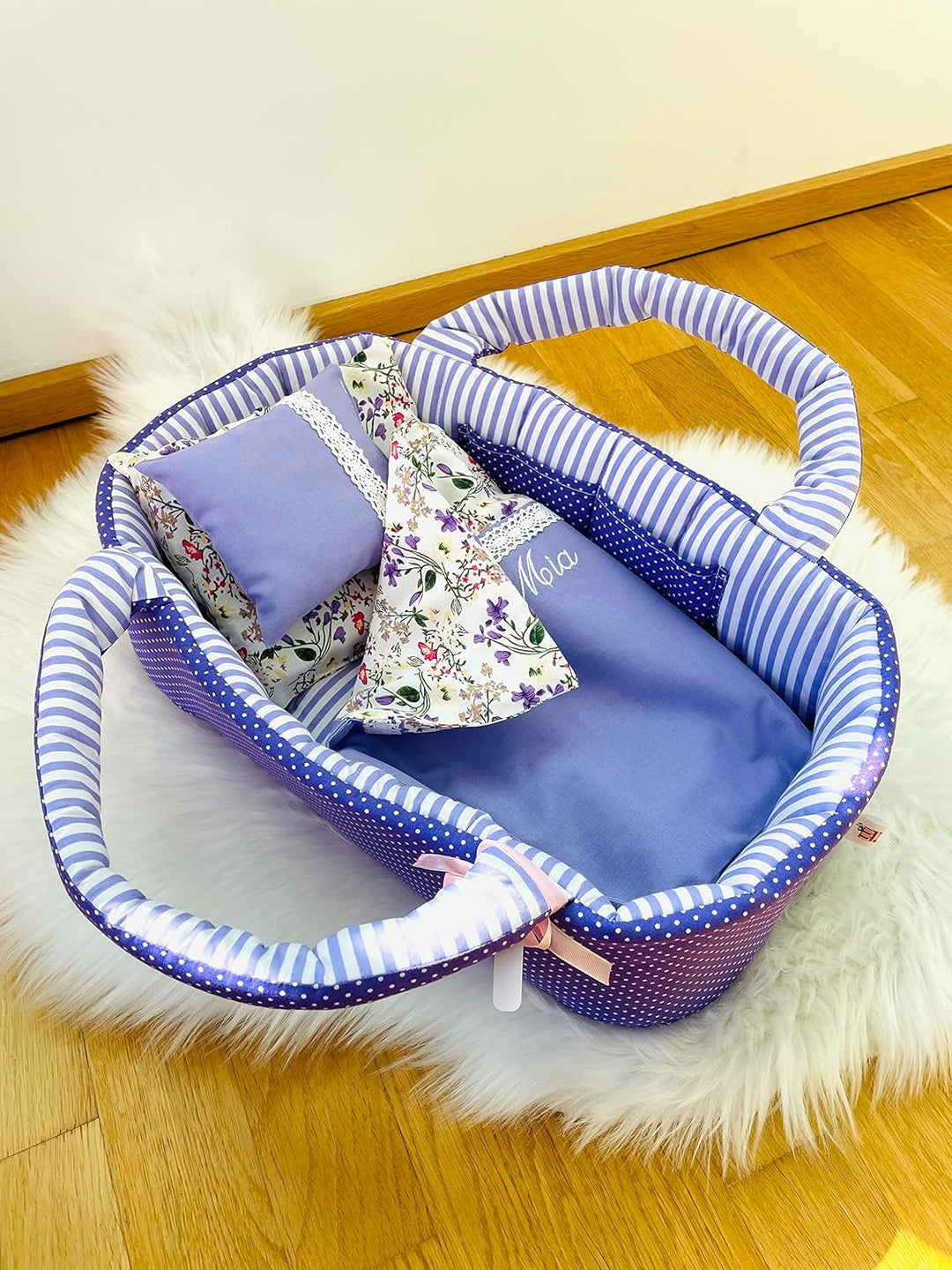 Puppentragetasche für Puppen 50-55 cm mit Bettwäsche, Lila, Personalisierung, Waschbar