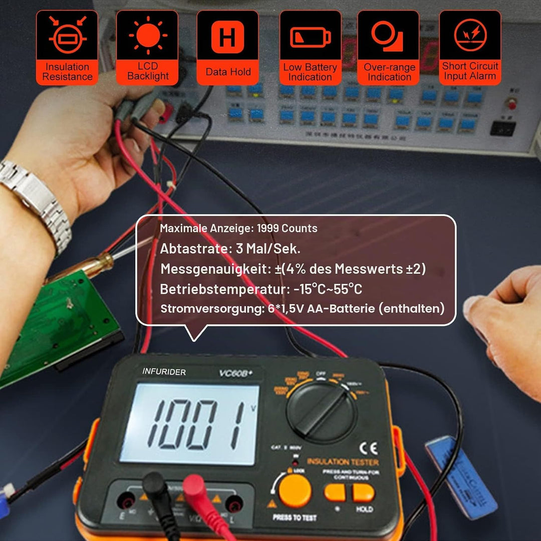 Digitaler Isolationswiderstandstester, Megohmmeter Ohmmeter YF-VC60B+, Spannungsprüfer 250/500/1000