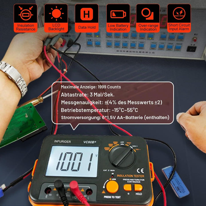 Digitaler Isolationswiderstandstester, Megohmmeter Ohmmeter YF-VC60B+, Spannungsprüfer 250/500/1000