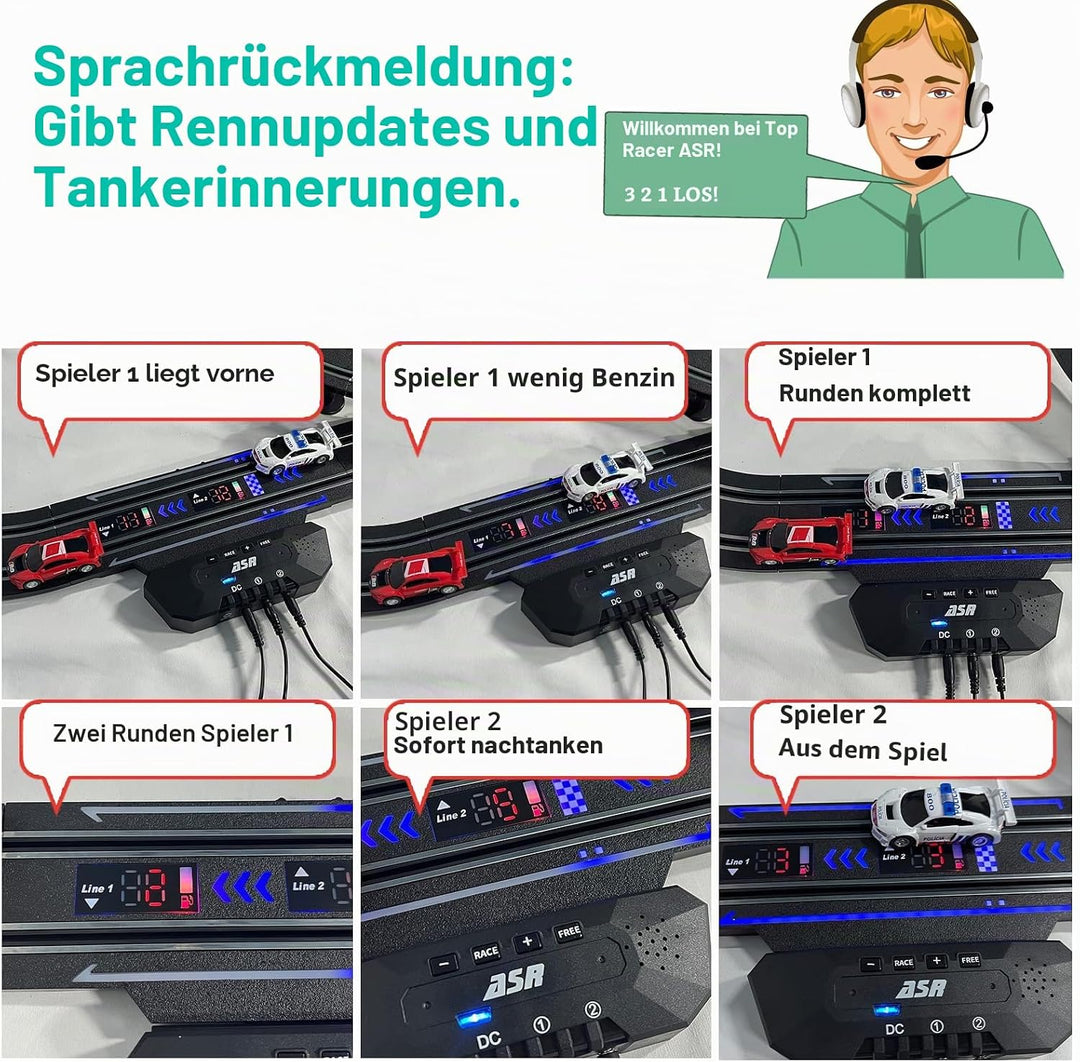 Slot Car Racing Set mit LED-Rundenanzeige, Hochgeschwindigkeit, Tankstopp, Sprachfeedback, 4 lizenzi