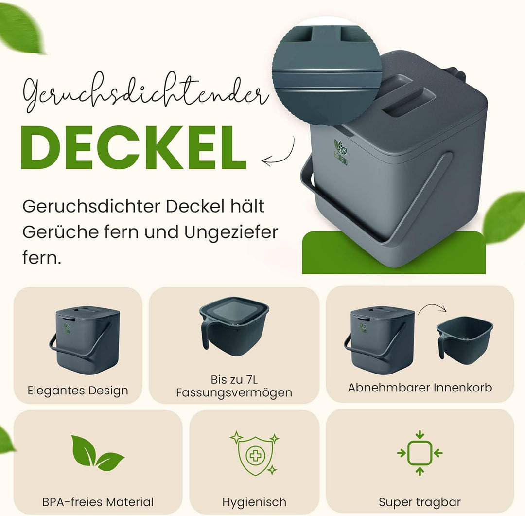 EcoBio Biomülleimer Küche - 7L Komposteimer Küche mit Deckel & Griff – Geruchsdicht & Spülmaschinenf