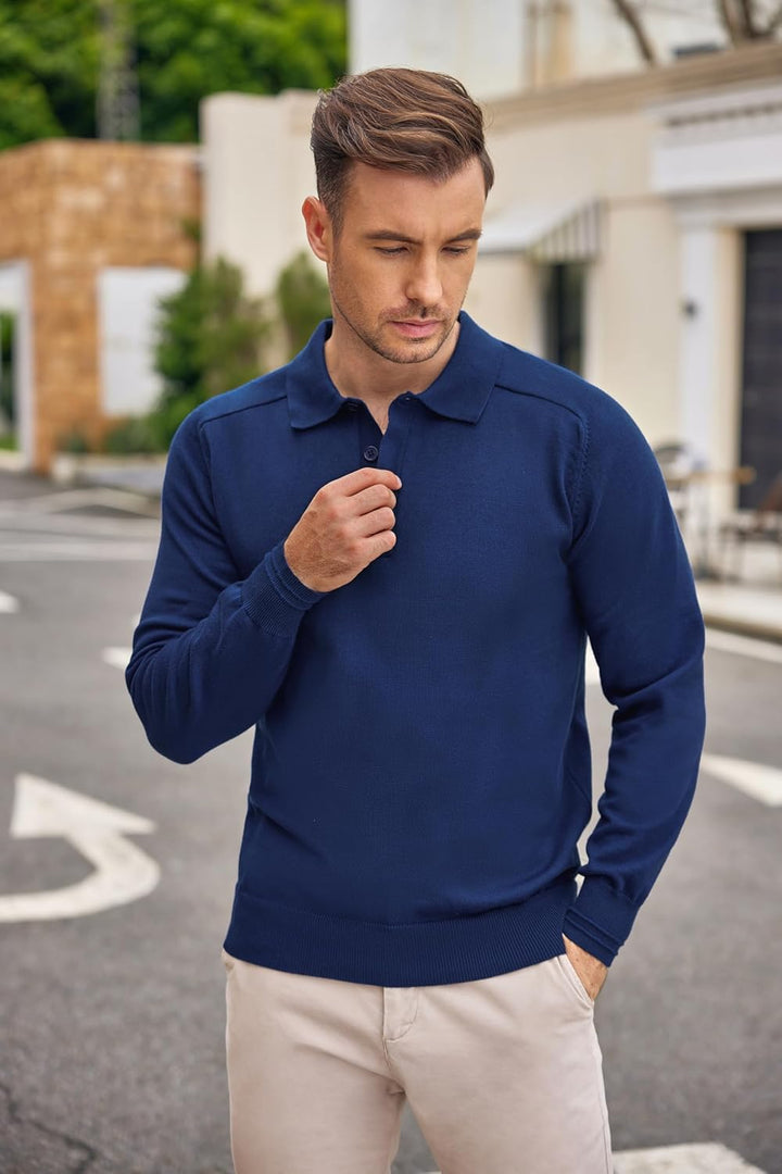 COOFANDY Strickpullover Herren Poloshirt Langarm Polo Pullover Pulli mit Polokragen Versteckte Knopf