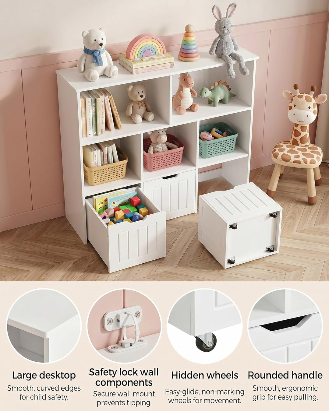 Kinderregal mit Boxen, Kinderzimmer Möbel, Spielzeugregal mit 3 Schubladen, Aufbewahrungsregal auf R
