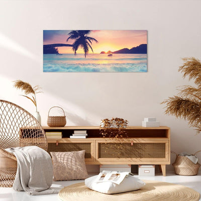 Wandbilder Dekoration Wohnzimmer Meer Strand Palme Panorama Bilder auf Leinwand 120x50cm Leinwandbil