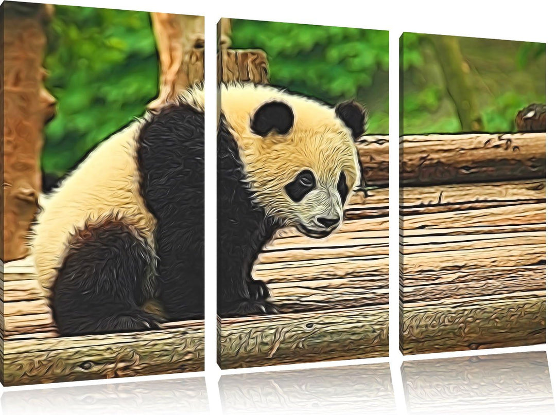 niedlicher junger Panda auf Holzstämmen NewArt 3-Teiler Leinwandbild 120x80 Bild auf Leinwand, XXL r