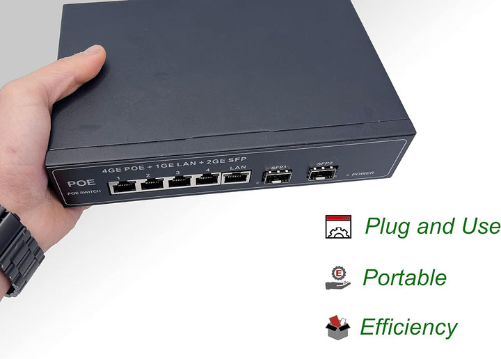 Elfcam® - PoE Switch Glasfaser mit 2 Ports SFP 1,25 GB, 4 Ports PoE Gigabit Ethernet 10/100/1000 Mbp
