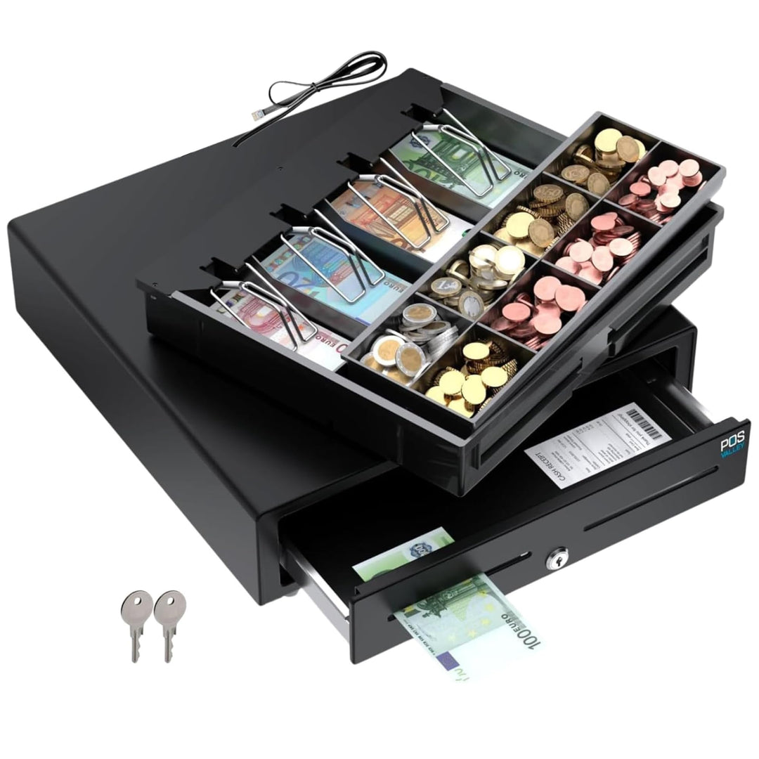 Kassenschublade - Professionelle, Elektrisch (RJ11-12) / Manuell Öffnen - 4 Scheinfächer / 8 grosse