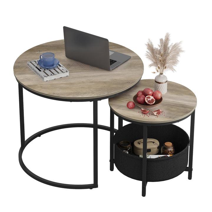 WLIVE Couchtisch Rund 2er Set, Kleiner Beistelltisch mit Stoffkorb, Satztische Wohnzimmertisch mit M