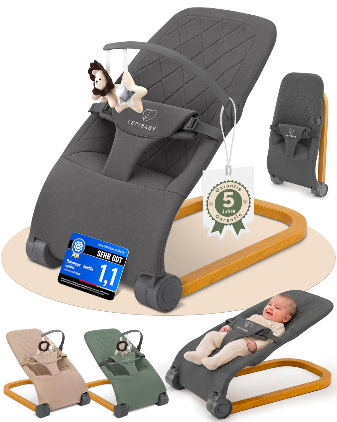 SamiBu Babywippe Faltbar &amp; Verstellbar | Baby Wippe Neugeborenen | Bouncer Newborn mit Spielbogen |