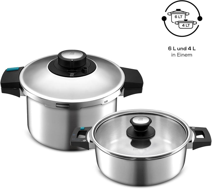 Karaca Quick and Safe Schnellkochtopf-Set 4+6 Lt, Ergonomische, nicht brennende Griffe und Aufsätze